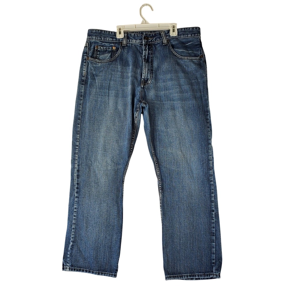 Flypaper Mens Bootcut Jeans Medium Wash Denim Blue 36x30 Distressed Pocket